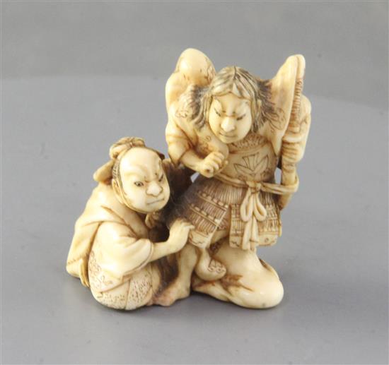 A Japanese ivory netsuke of a Samurai and a priest, signed Shunkosai, 19th century, 4.4cm